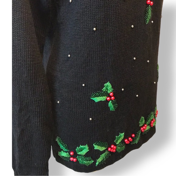 Studio Collection Vtg Embroidered Ugly Christmas Sweater Black Holly Sz M - Picture 4 of 10